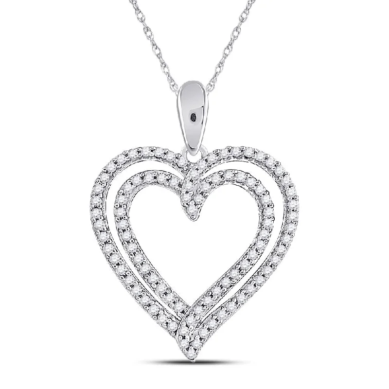 10kt White Gold Womens Round Diamond Double Frame Heart Pendant 1/2 Cttw