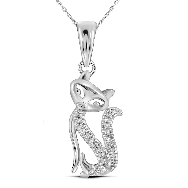 10kt White Gold Womens Round Diamond Kitty Cat Animal Pendant 1/20 Cttw