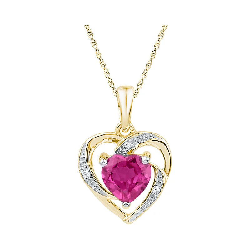 10kt Yellow Gold Womens Round Lab-Created Pink Sapphire Heart Pendant 1 Cttw