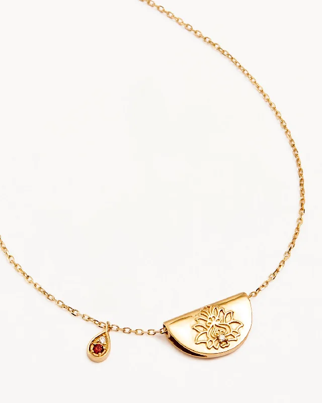 14k Solid Gold Lotus Birthstone Diamond Necklace - January - Garnet