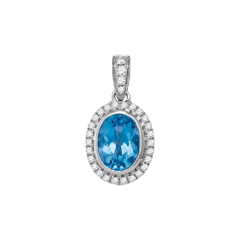 14kt White Gold Womens Oval Blue Topaz Solitaire Diamond-accent Pendant 1/6 Cttw