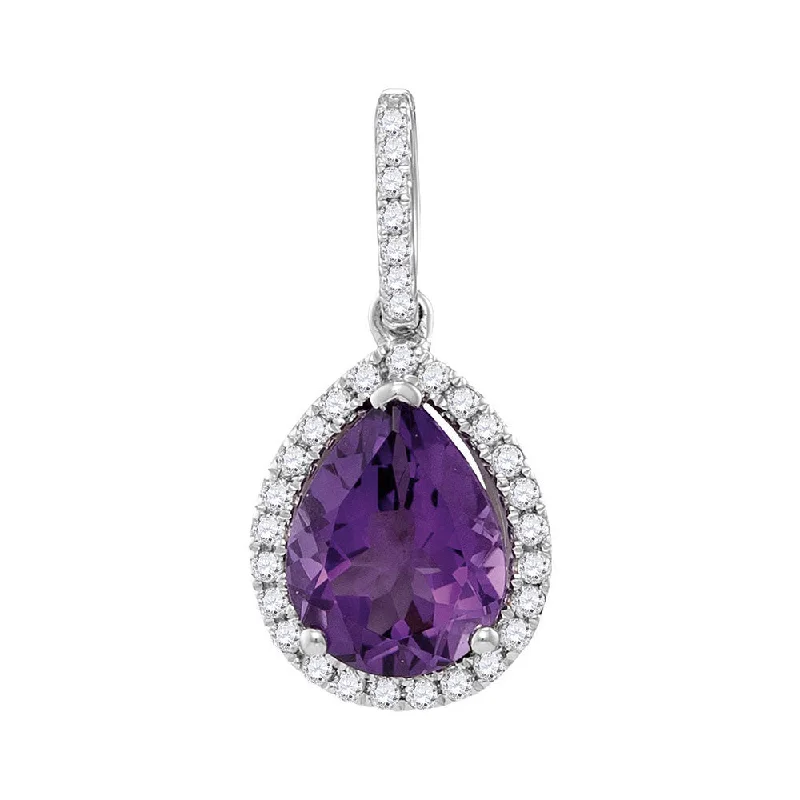 14kt White Gold Womens Pear Amethyst Teardrop Diamond Frame Pendant 1-1/2 Cttw