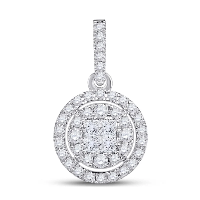 14kt White Gold Womens Princess Diamond Fashion Halo Cluster Pendant 1/2 Cttw