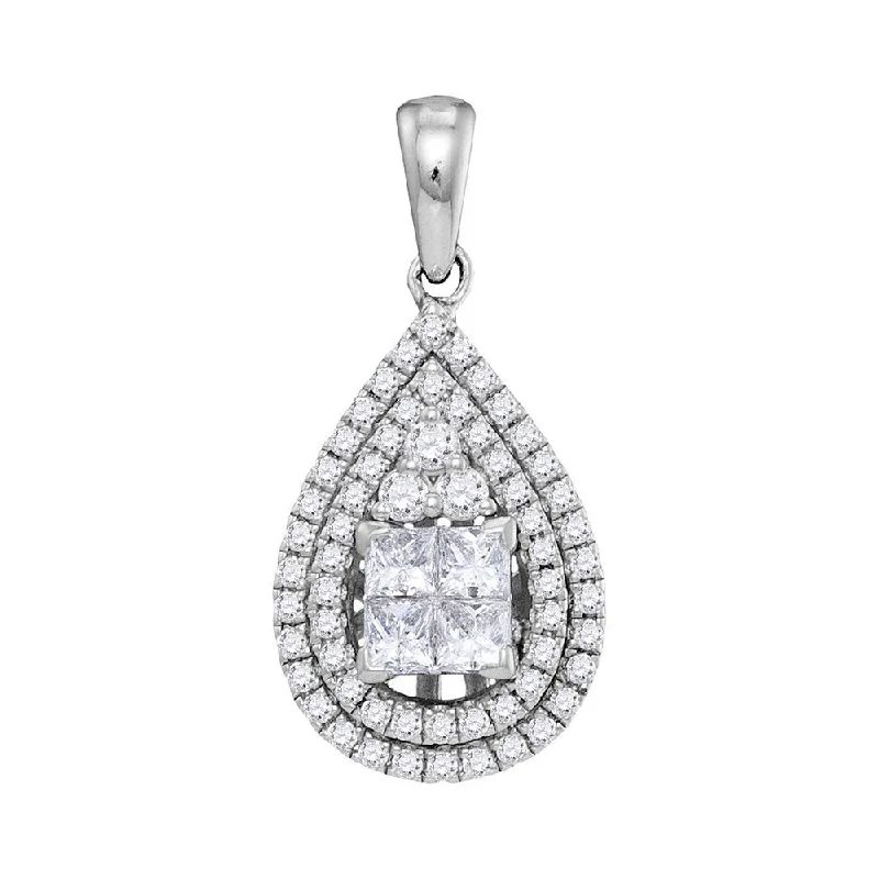 14kt White Gold Womens Princess Diamond Teardrop Cluster Pendant 1 Cttw