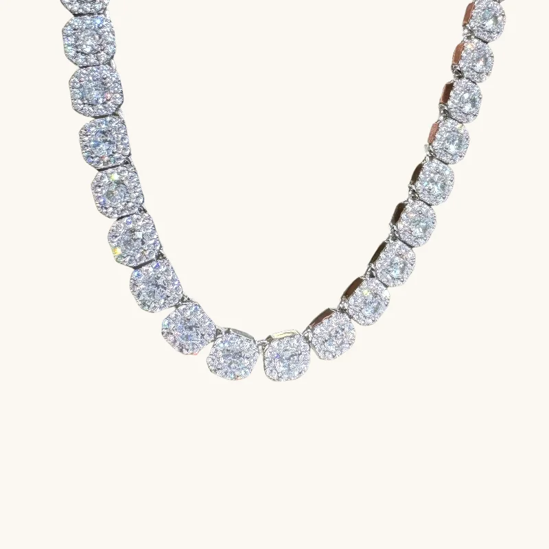 Silver Square Halo Round Diamond Necklace