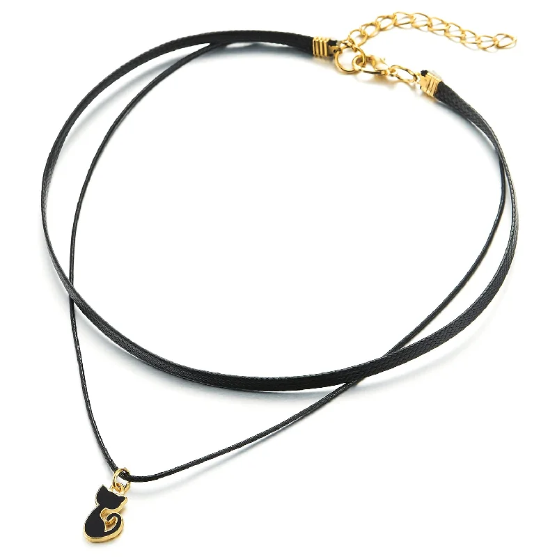 Ladies Black Choker Necklace with Dangling Black Enamel Kitty Cat Charm Pendant