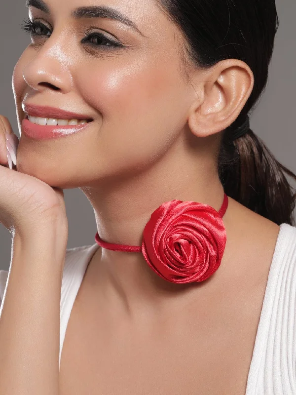 Rubans Bold Red Satin Rose Choker Necklace