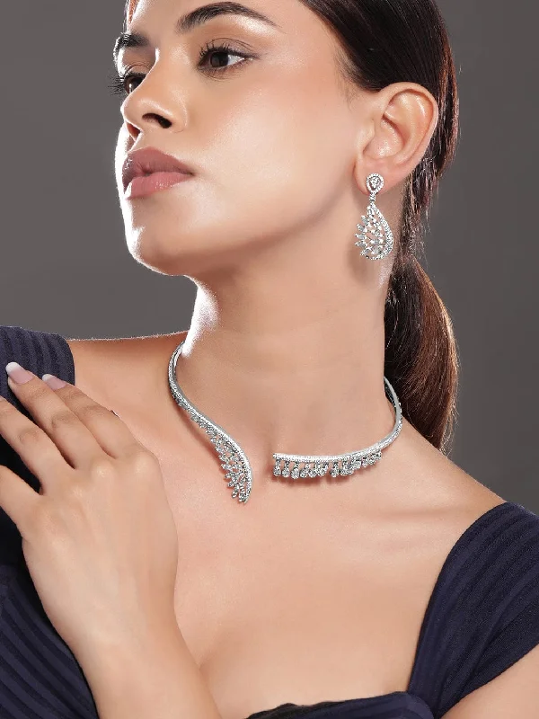 Rubans Silver-Plated AAA Cubic Zirconia Studded Leaf-Inspired Statement Choker Necklace Set