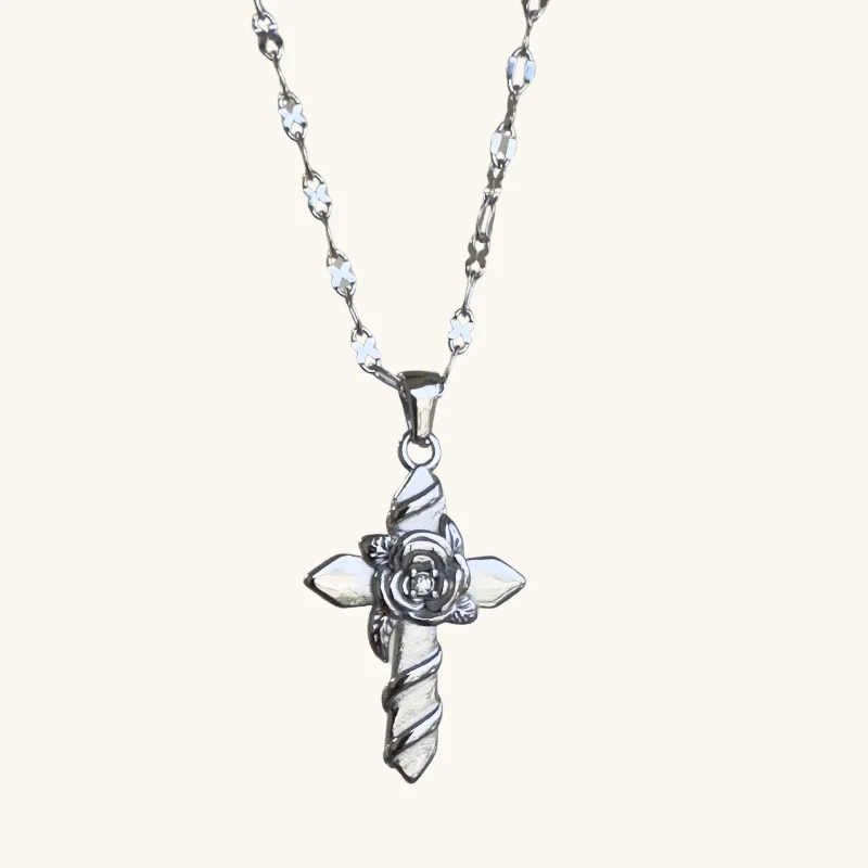 Silver Rose Embraced Cross Necklace