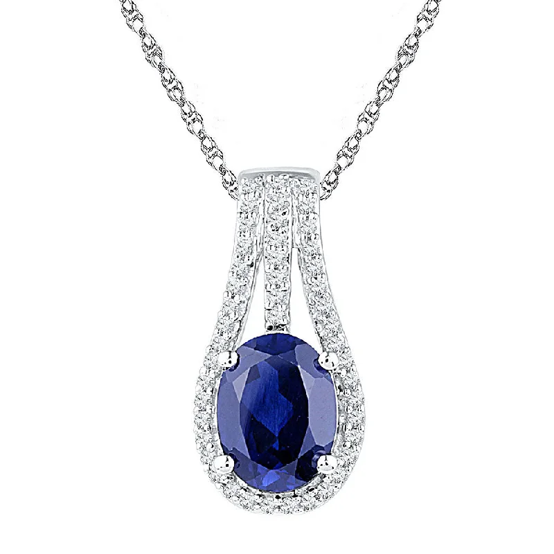 Sterling Silver Womens Oval Lab-Created Blue Sapphire Solitaire Pendant 1-3/4 Cttw