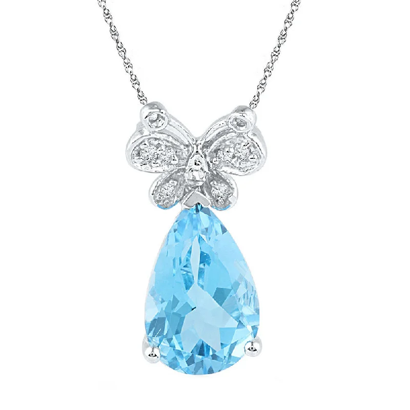 Sterling Silver Womens Pear Lab-Created Blue Topaz Teardrop Butterfly Pendant 1/20 Cttw