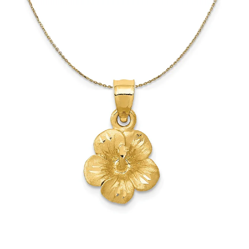 14k Yellow Gold 3D Satin & Diamond Cut Hibiscus Necklace