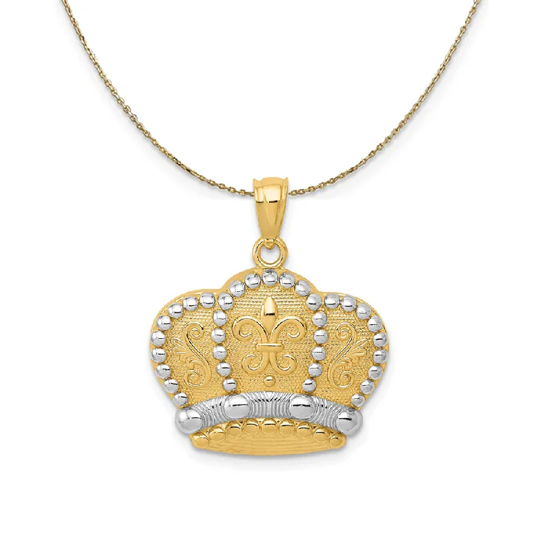 14k Yellow Gold and Rhodium Fleur de lis Crown Necklace