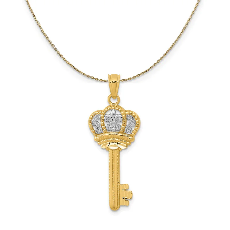 14k Yellow Gold & Rhodium Fleur De Lis Crown Key Necklace