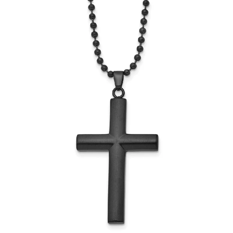 Men's Black Plated Stainless Steel Brushed Domed Cross Necklace, 24 In