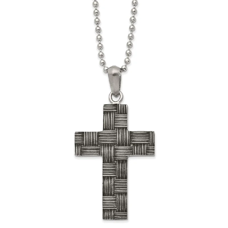 Men's Stainless Steel Antiqued Basket Weave Cross Necklace, 22 Inch