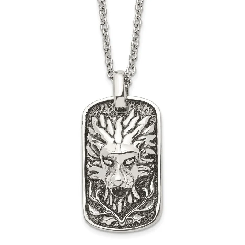 Men's Stainless Steel Antiqued Lion's Head Dog Tag Necklace, 22 Inch