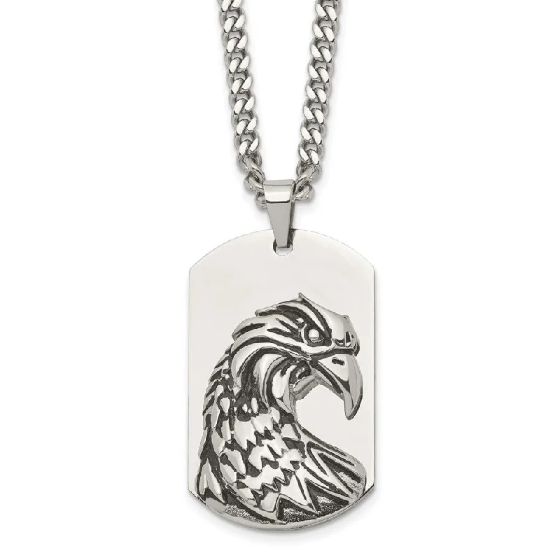 Mens Stainless Steel Antiqued & Polished Eagle Dog Tag Necklace, 22 In