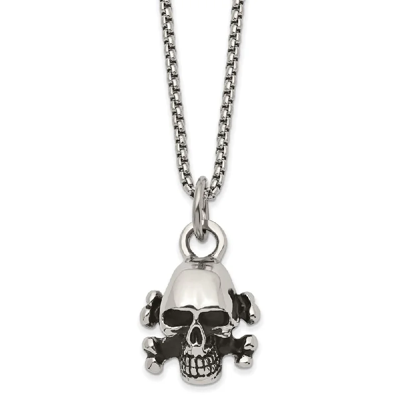 Mens Stainless Steel Antiqued & Polished Small Skull Necklace, 24 Inch