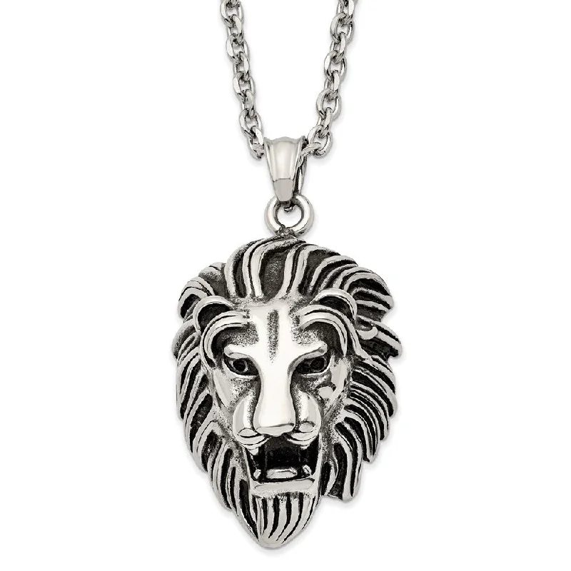 Men's Stainless Steel Antiqued X-Large 3D Lion Head Necklace, 24 Inch