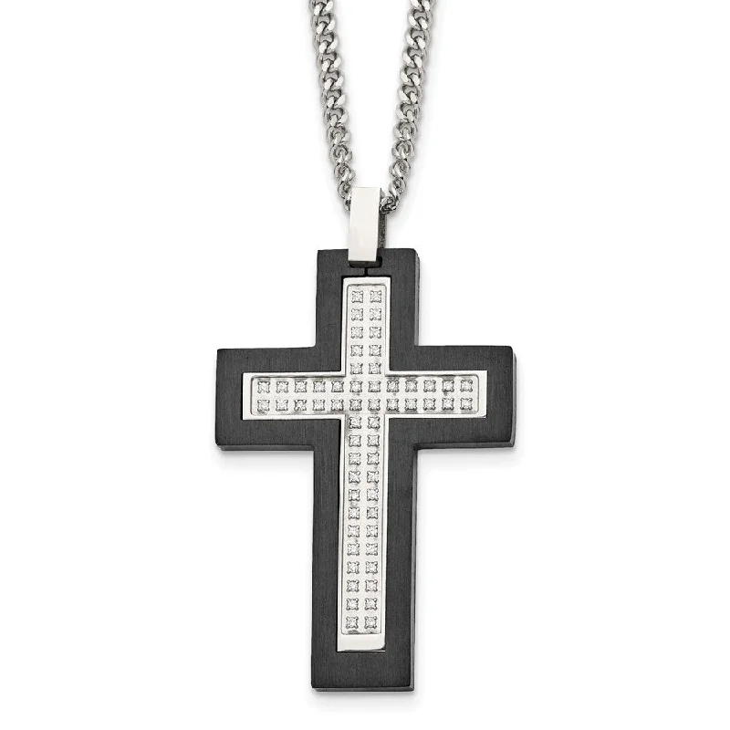 Men's Stainless Steel, Black Plated & CZ Cross Necklace, 24 Inch