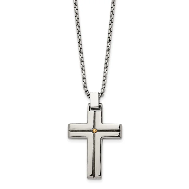 Men's Stainless Steel & Gold Tone Grooved Cross Necklace, 19.5 Inch