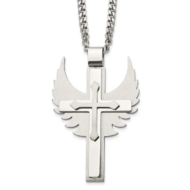 Mens Stainless Steel XL Winged Cross Necklace, 20 Inch