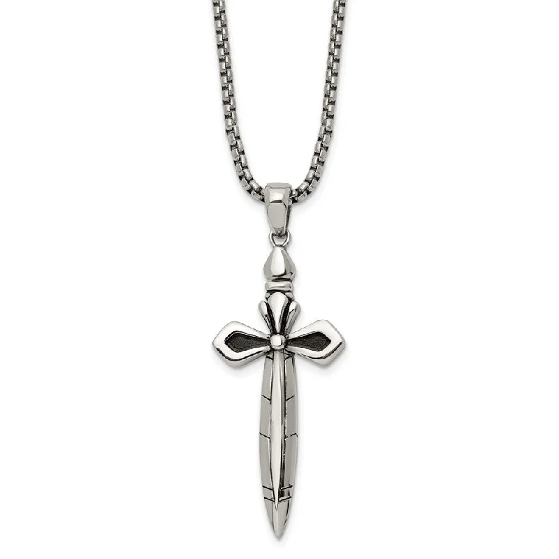 Stainless Steel Antiqued & Polished Cross Sword Necklace, 24 Inch