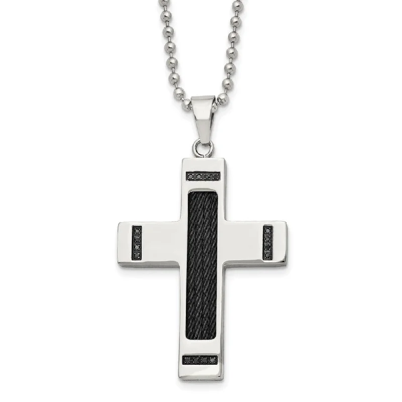 Stainless Steel Black Plated 1/10ctw Black Diamond Cross Necklace 24in