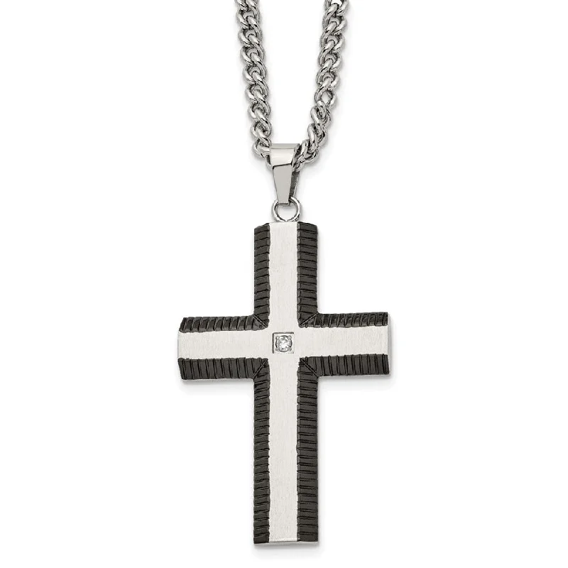 Stainless Steel, Black Plated & CZ Brushed Cross Necklace, 22 Inch