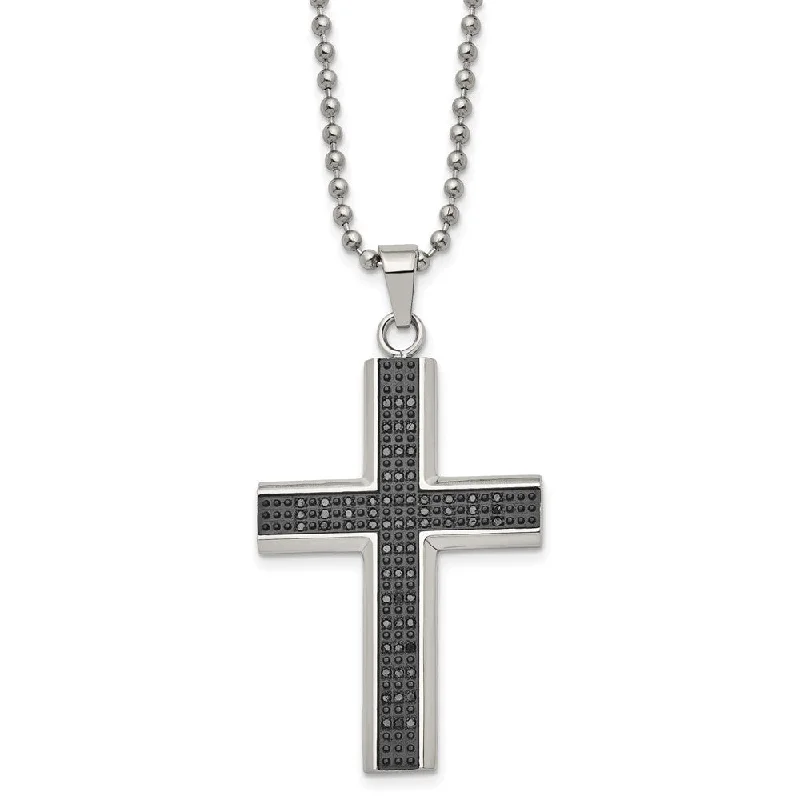 Stainless Steel Black Rhodium Black Diamond Cross Necklace, 24 Inch