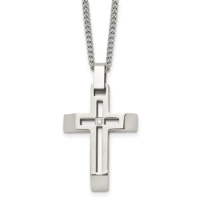 Stainless Steel & CZ Brushed/Polished Beveled Cross Necklace, 22 Inch