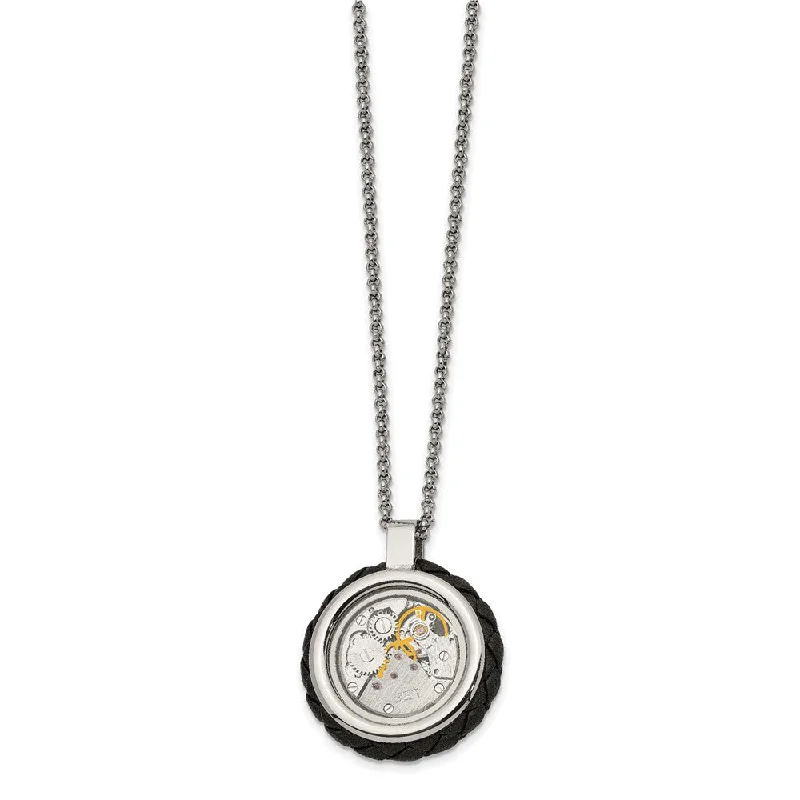 Stainless Steel, CZ & Leather 29mm Clockwork Necklace, 22 Inch