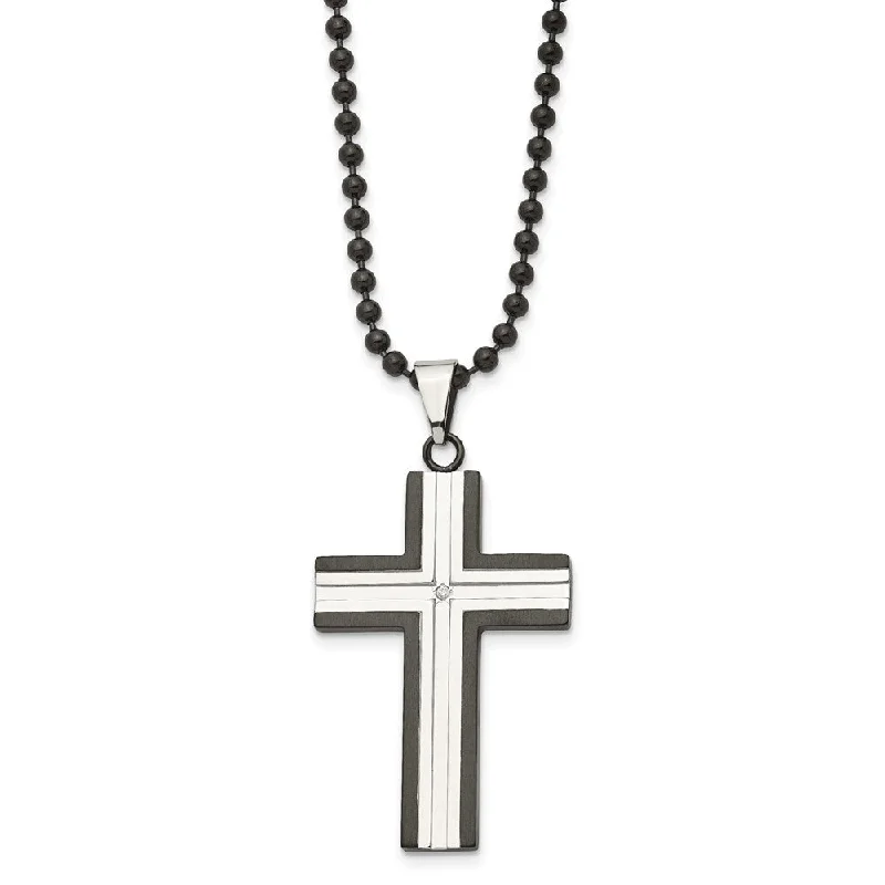 Stainless Steel & CZ Polished & Black Plated Cross Necklace, 30 Inch