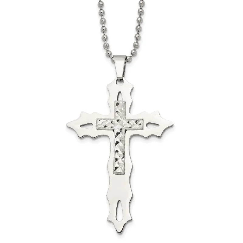 Stainless Steel & Sterling Silver Inlay Large Cross Necklace, 20 Inch