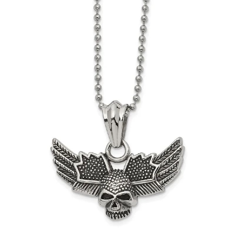 Stainless Steel Textured Winged Skull Necklace, 22 Inch