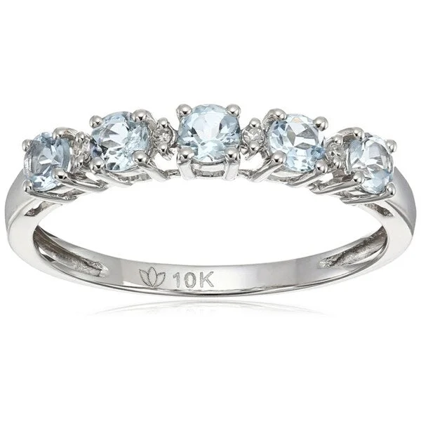 10k White Gold Aquamarine Diamond Stackable Ring, Size 7 - Blue