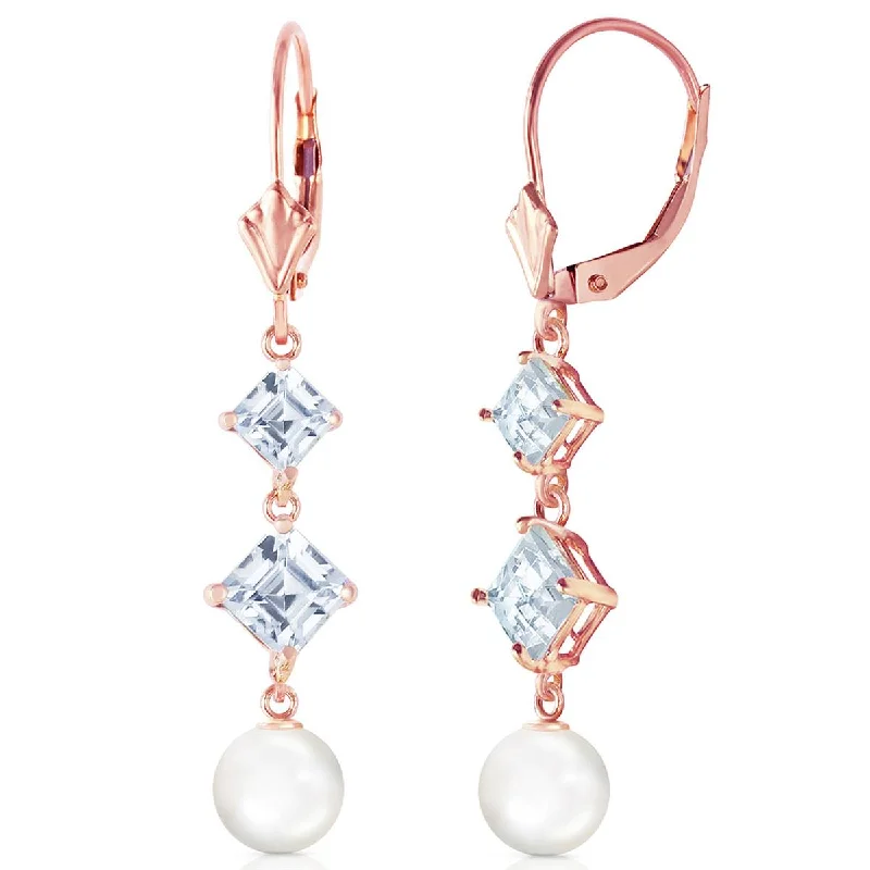 14K Solid Rose Gold Chandelier Aquamarine/Pearl Earrings