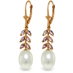 14K Solid Rose Gold Leverback Earrings Amethyst & Pearl Certified