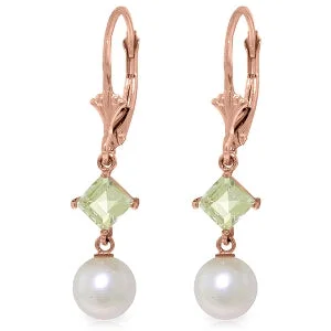 14K Solid Rose Gold Leverback Earrings Aquamarines & Pearl Certified