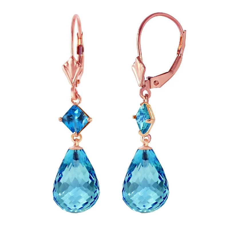 14K Solid Rose Gold Leverback Earrings Blue Topaz Jewelry Genuine