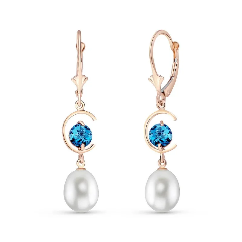 14K Solid Rose Gold Leverback Earrings Blue Topaz & Pearl Certified