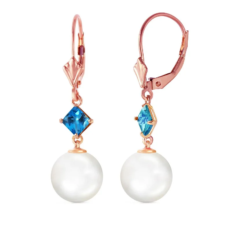 14K Solid Rose Gold Leverback Earrings Blue Topaz & Pearl