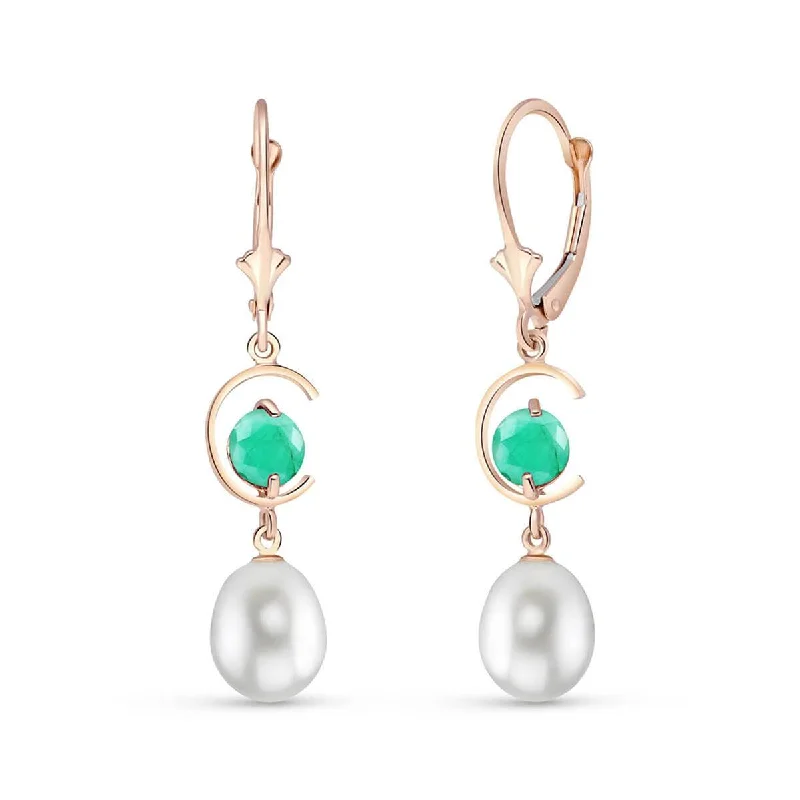 14K Solid Rose Gold Leverback Earrings Emerald & Pearl