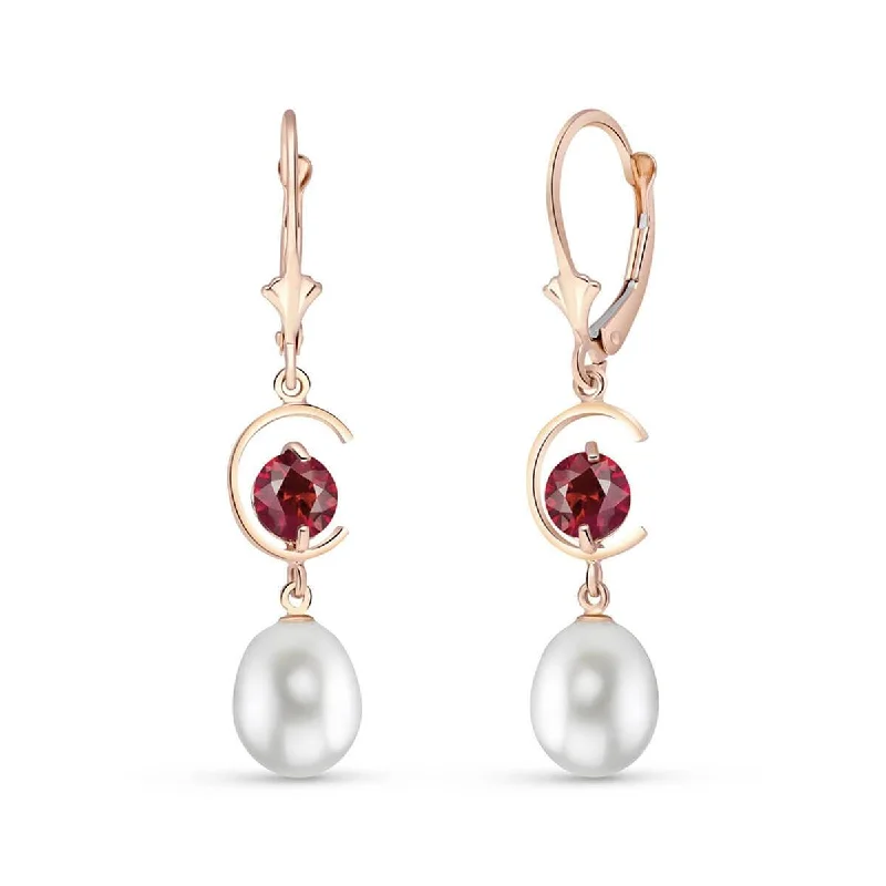 14K Solid Rose Gold Leverback Earrings Garnet & Pearl Gemstone