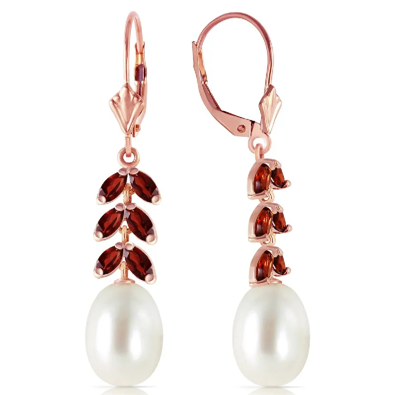 14K Solid Rose Gold Leverback Earrings Garnet & Pearl