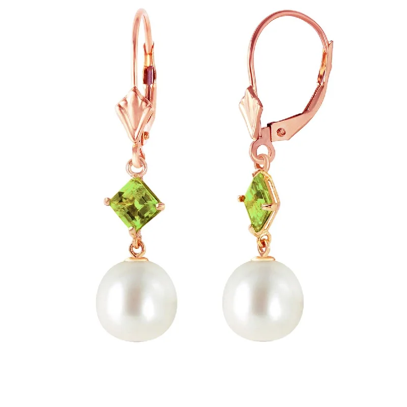 14K Solid Rose Gold Leverback Earrings Peridot & Pearl Jewelry