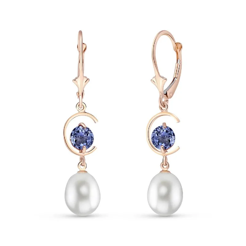 14K Solid Rose Gold Leverback Earrings Tanzanites & Pearl Gemstone