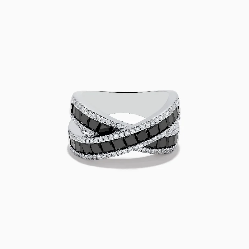 14K White Gold Black and White Diamond Crossover Ring