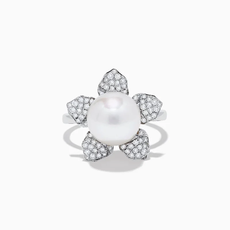 14K White Gold Fresh Water Pearl and Diamond Flower Ring